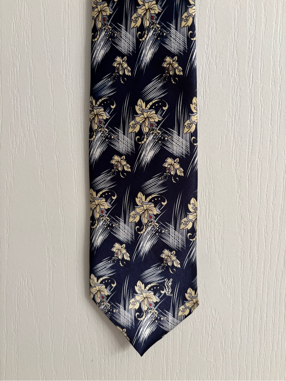 Yves Saint Laurent Navy Silk Tie with Cream Floral Motif